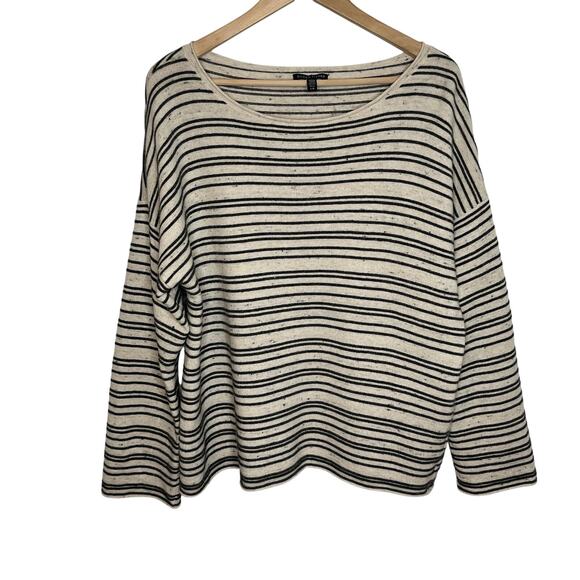 Eileen Fisher Womens Cotton Wool Pullover Sweater Large Beige Black Stripe Boxy - Picture 2 of 8